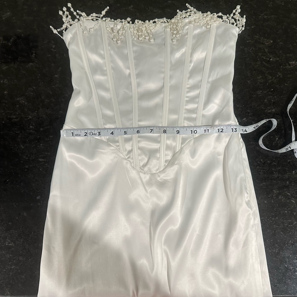 Pearl embellished strapless corset white midi dress side zip back tie sz s - Picture 6 of 10